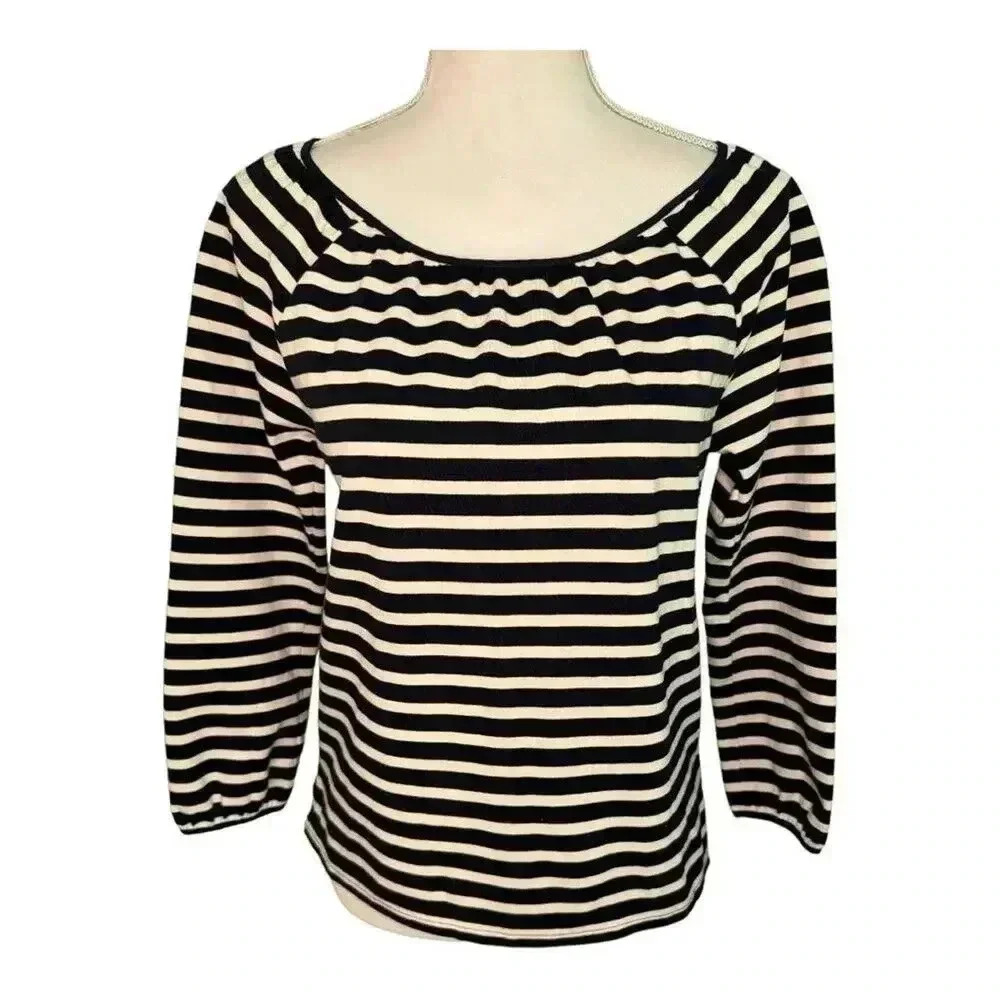 J. Crew Size XXS Navy Blue & White Striped Cotton Peasant Top